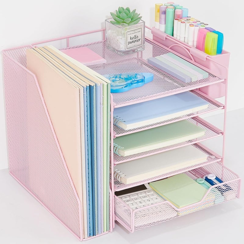 Gugsey Desk Organizer, 5-Tier Paper Letter Tray Organizer with File Holder, Drawer and Pen Holder, Desktop Organizer for Office Supplies, Pink - Image 1